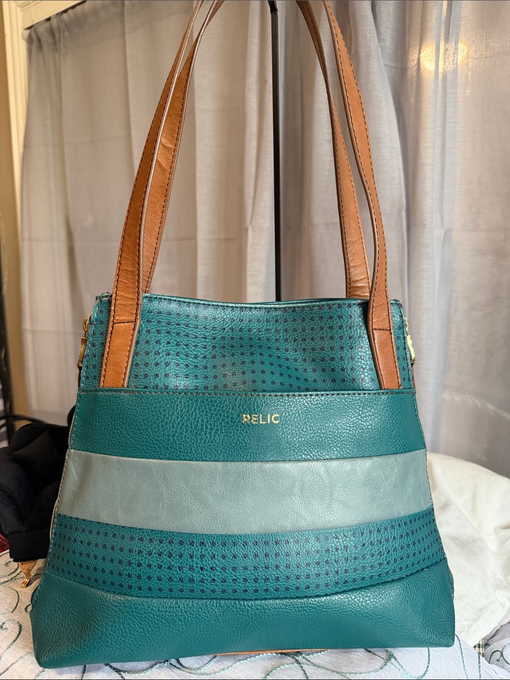 Relic by Fossil Teal, Light Blue and Tan Striped Leather Shoulder Bag